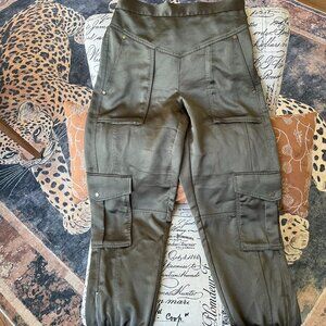 AllSaints High-Waist Faux Silk Pants – Dark Green, Size 6 – Edgy Utility Vibe